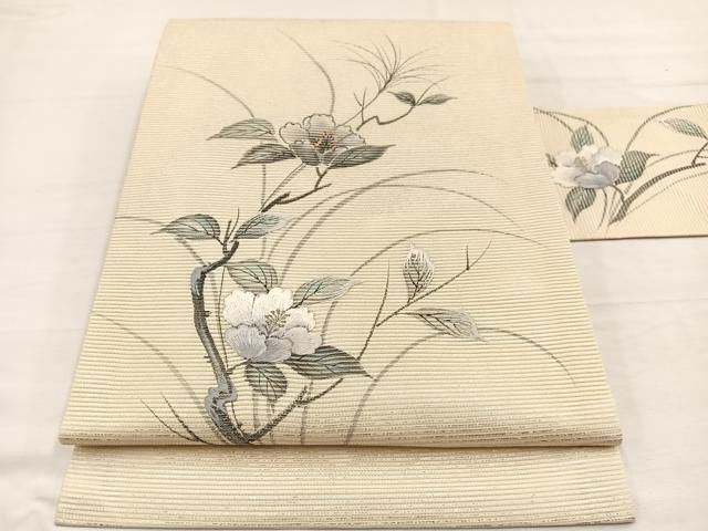 平和屋着物＊夏物　九寸名古屋帯　刺繍　手描き　枝花文　銀彩　正絹　逸品　BAAY4065hv
