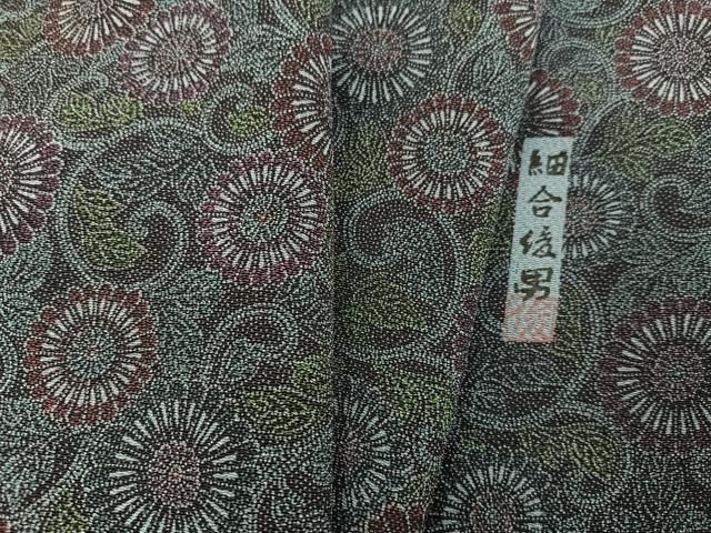 平和屋着物●重要無形文化財・伊勢手彫型本染・細合俊男　江戸小紋　菊唐草文　鬼しぼ縮緬　正絹　逸品　AABK9955ph