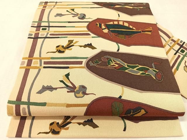 平和屋着物●全通柄　九寸名古屋帯　成り物　魚　金彩　鬼しぼ縮緬　正絹　逸品　CABK4496vp