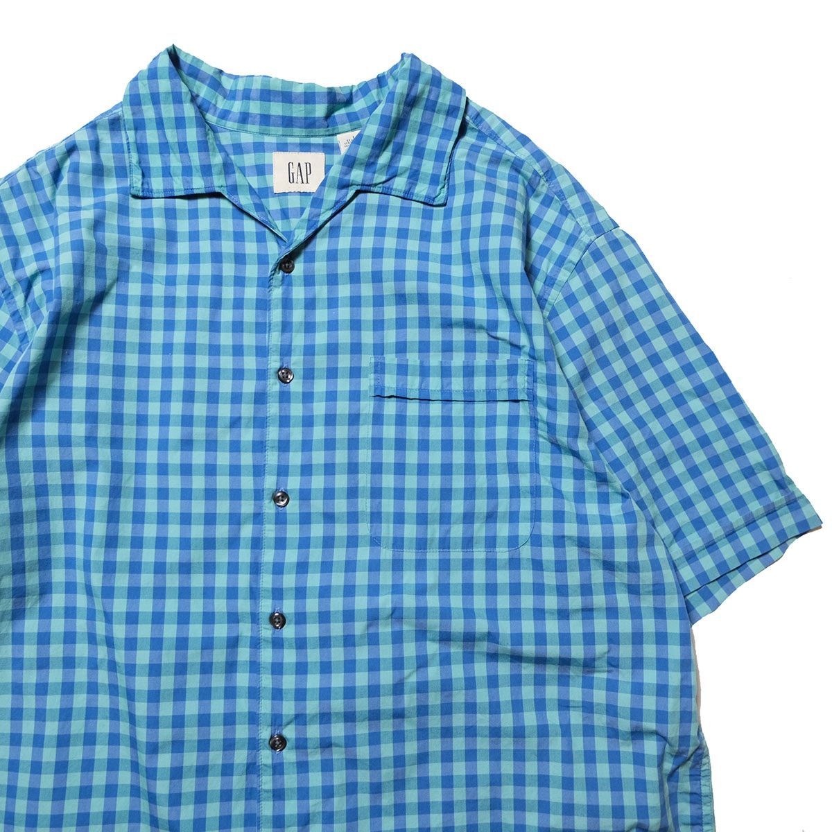 90's ギャップ GAP ブロックチェック コットン オープンカラー シャツ 半袖 (L) 青×水色系 ボックスシャツ 開襟 旧タグ オールド 白タグ アメリカ古着 USED ビンテージ ヴィンテージ
