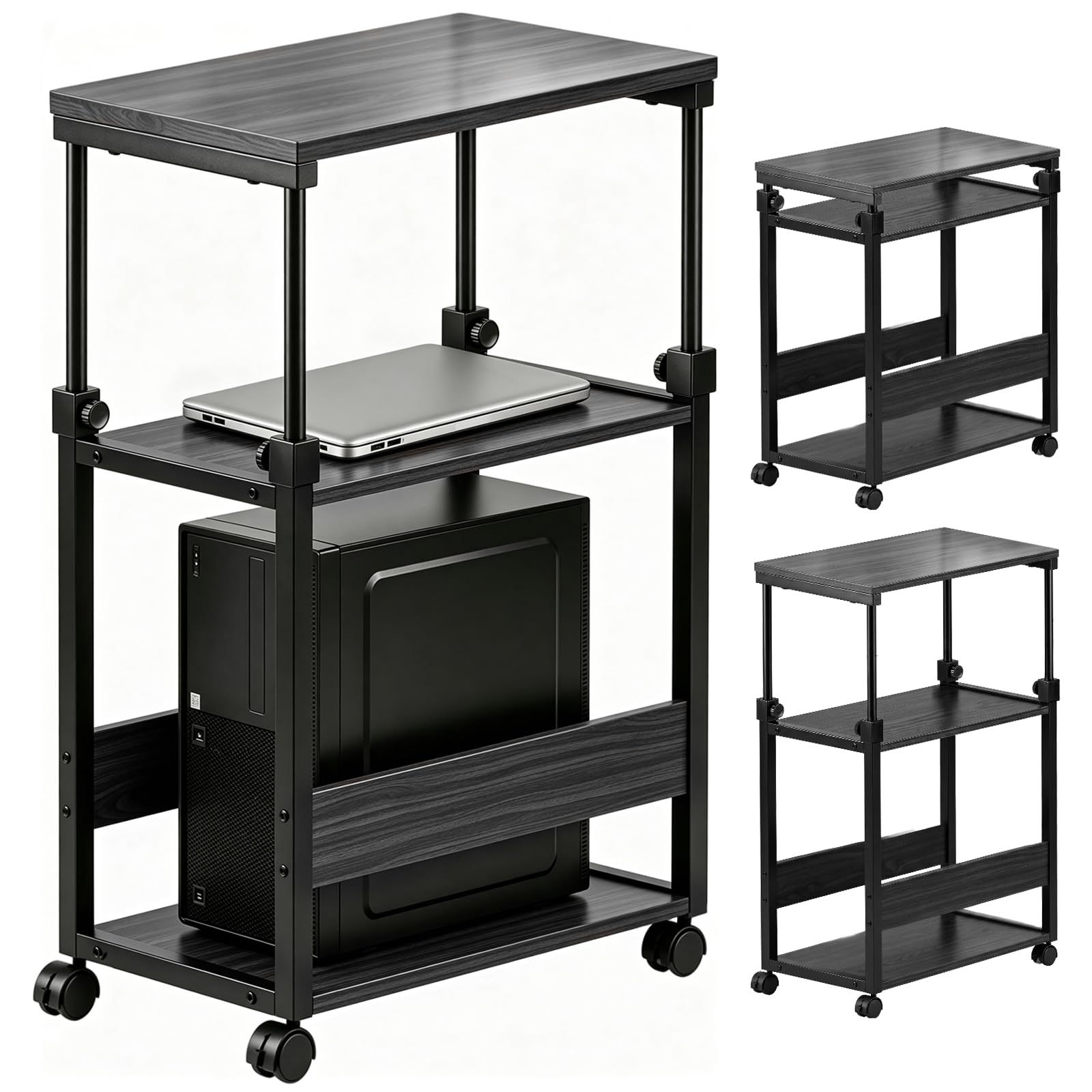 パソコンワゴン 昇降式 キャスター付き 幅58×奥行29×高さ64-90cm ブラック | pcラック 木製 3段 天板高さ調節可能 パソコンラック デスク下 収納ワゴン サイドテーブル デスクワゴン プリンター台 オフィス収納 在宅勤務ｍａ