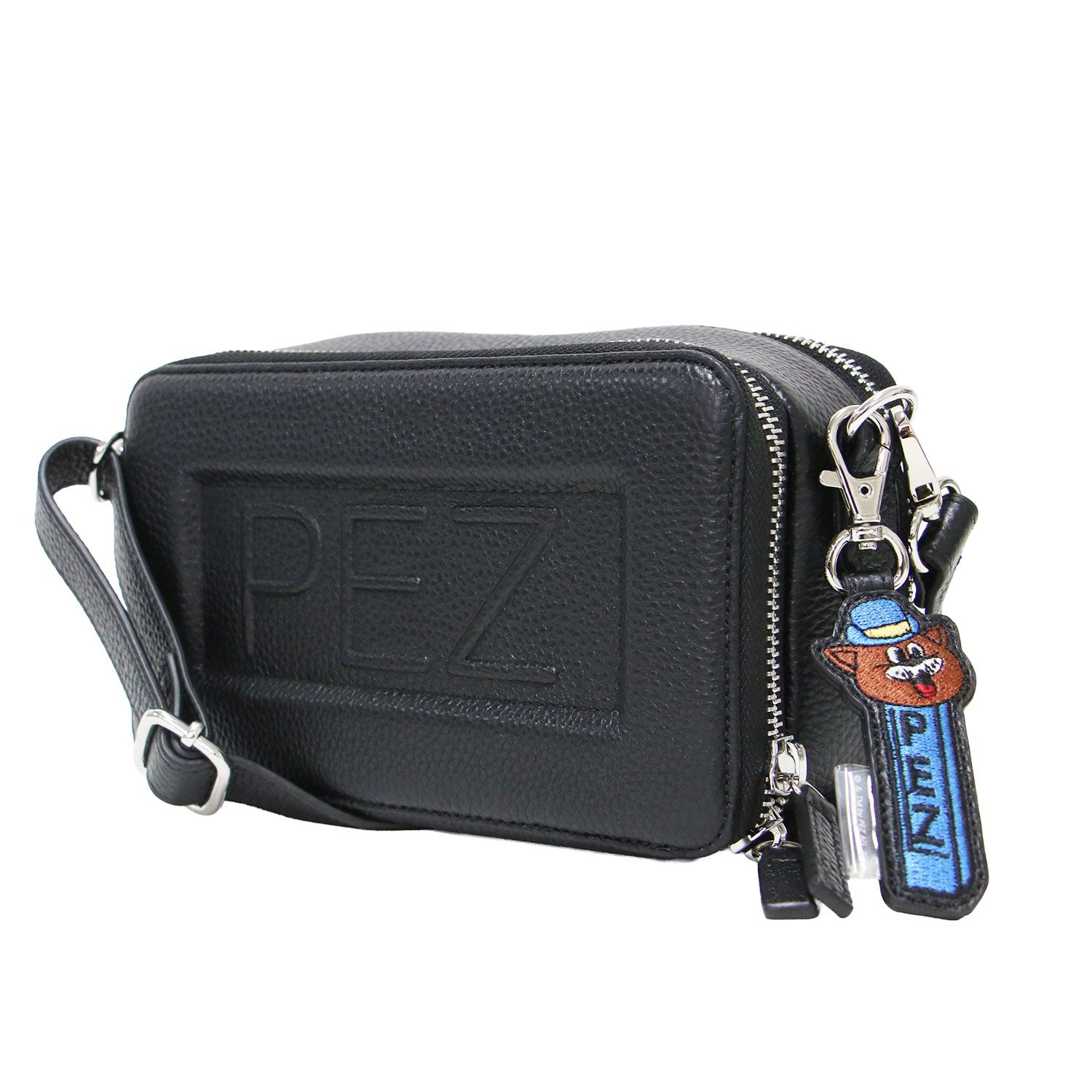【美品】ear PAPILLONNER イア パピヨネ × PEZ 26春夏 バッグ ブラック 黒 本革 ウォレット ショルダーバッグ 財布 肩掛け 斜め掛け チャーム付 ペッツ エンボスロゴ カウレザー ブランド コラボ アイテム【レディース】【中古】
