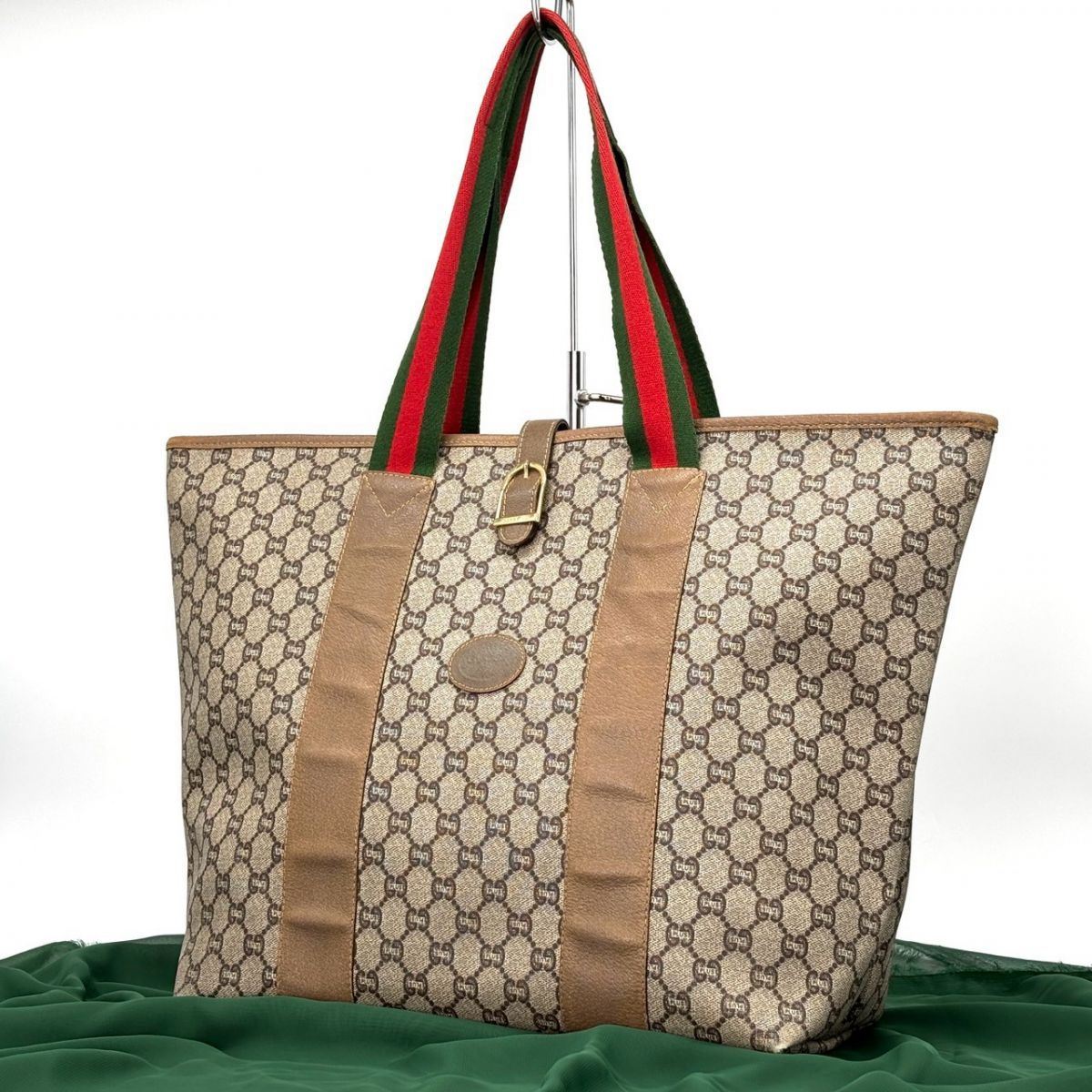 【レトロモダンな存在感】　GUCCI　トートバッグ シェリーライン GGスプリーム ゴールド金具 レザーコンビ オールドグッチ　ベージュ