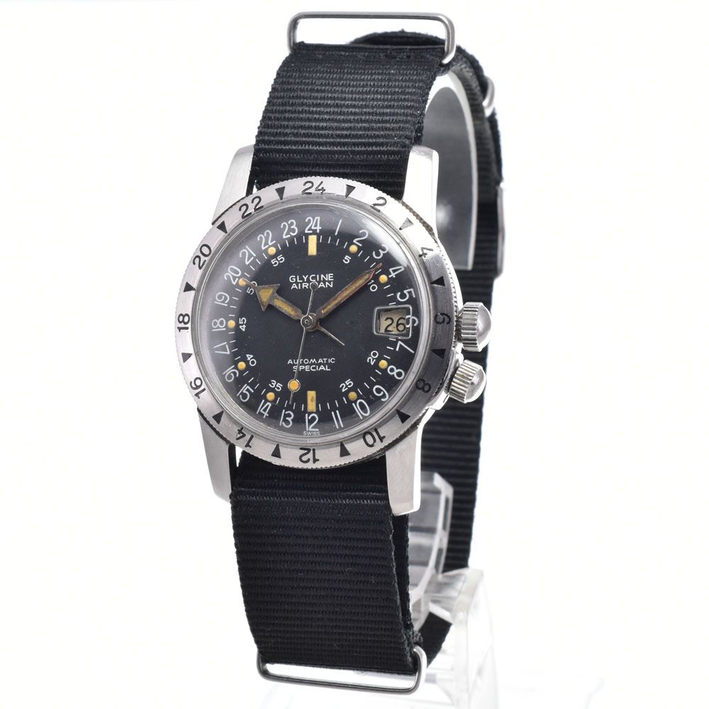 グリシン GLYCINE ヴィンテージ エアマン Cal.1789 デイト ブラック 自動巻き メンズ 良品 腕時計 Y#146294