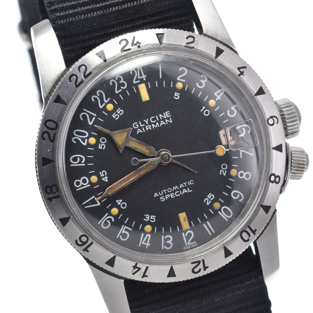 グリシン GLYCINE ヴィンテージ エアマン Cal.1789 デイト ブラック 自動巻き メンズ 良品 腕時計 Y#146294
