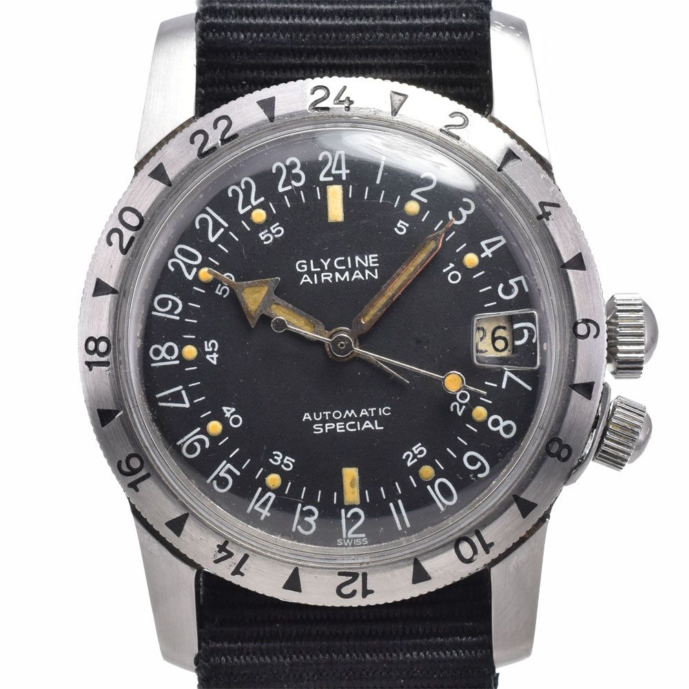 グリシン GLYCINE ヴィンテージ エアマン Cal.1789 デイト ブラック 自動巻き メンズ 良品 腕時計 Y#146294