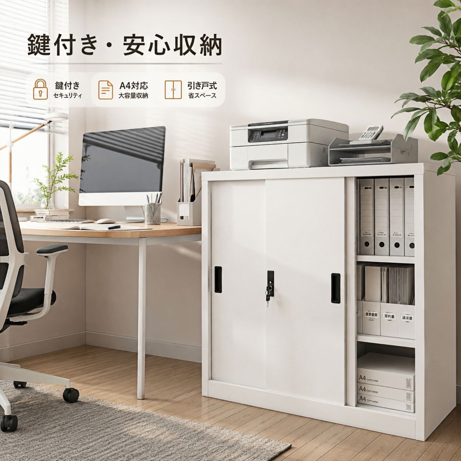 スチール書庫 引き戸 書庫 キャビネット 鍵付き A4対応 可動棚付き スチールキャビネット 書類収納 書類保管庫 収納棚 幅80cm スライド扉 業務用 ファイル収納 資料収納 セキュリティ収納 学校 病院 会社 事務所 お手入れ簡単 組立必要 ホワイト