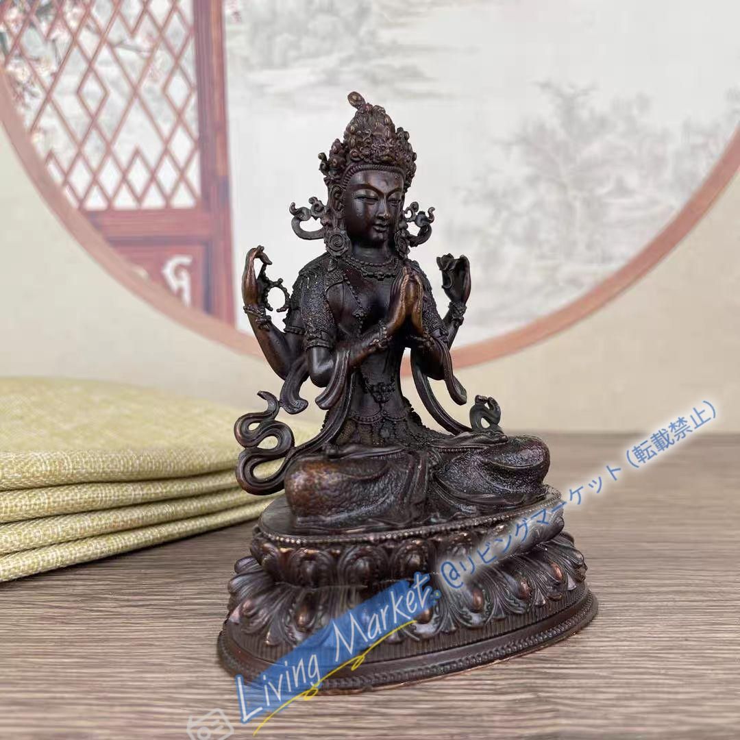 仏教美術 四臂観音菩薩像 小仏像 細工彫刻 銅製 工芸品 美術品 置物