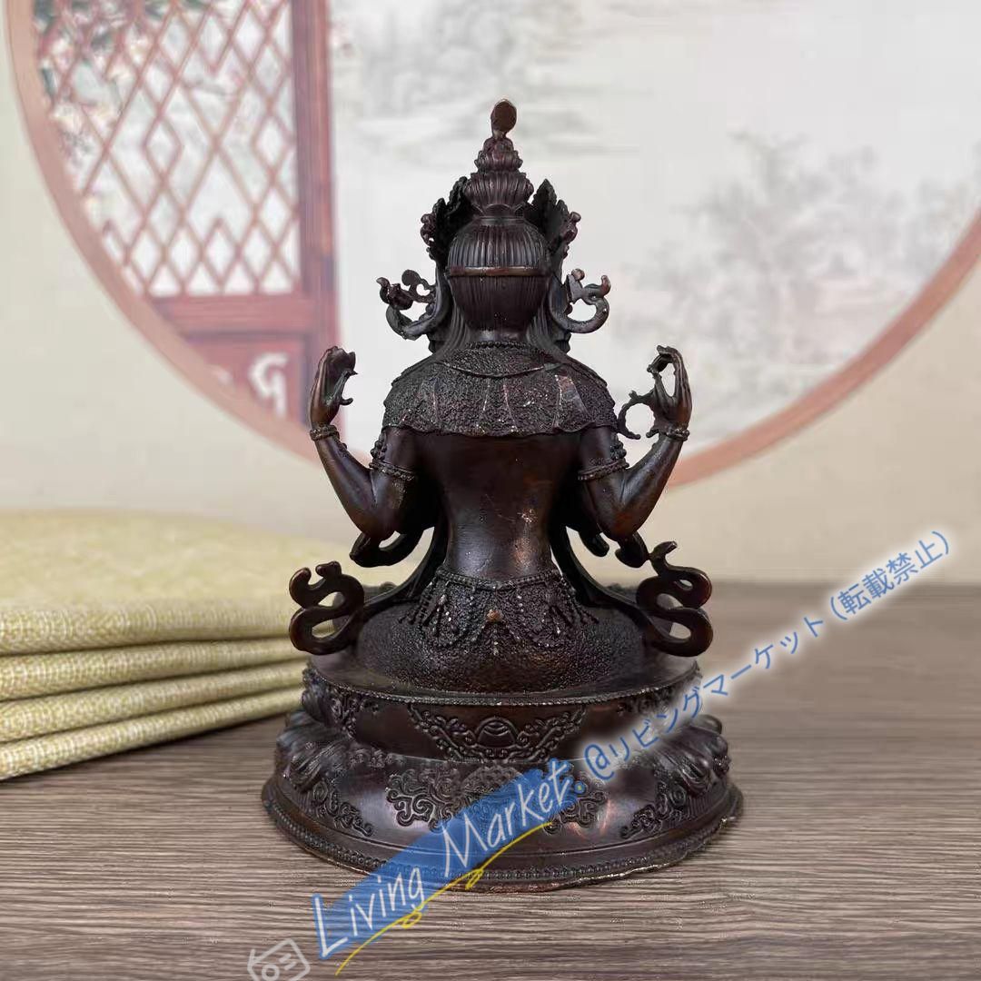 仏教美術　観音　仏像　彫像　石製　置物　インテリア　工芸品　美術品　A1356 仏教美術 四臂観音菩薩像 小仏像 細工彫刻 銅製 工芸品 美術品 置物