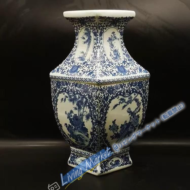 景徳鎮 乾隆青花四方花鳥瓶 陶磁器 装飾品 現代工芸品 美術品 置物