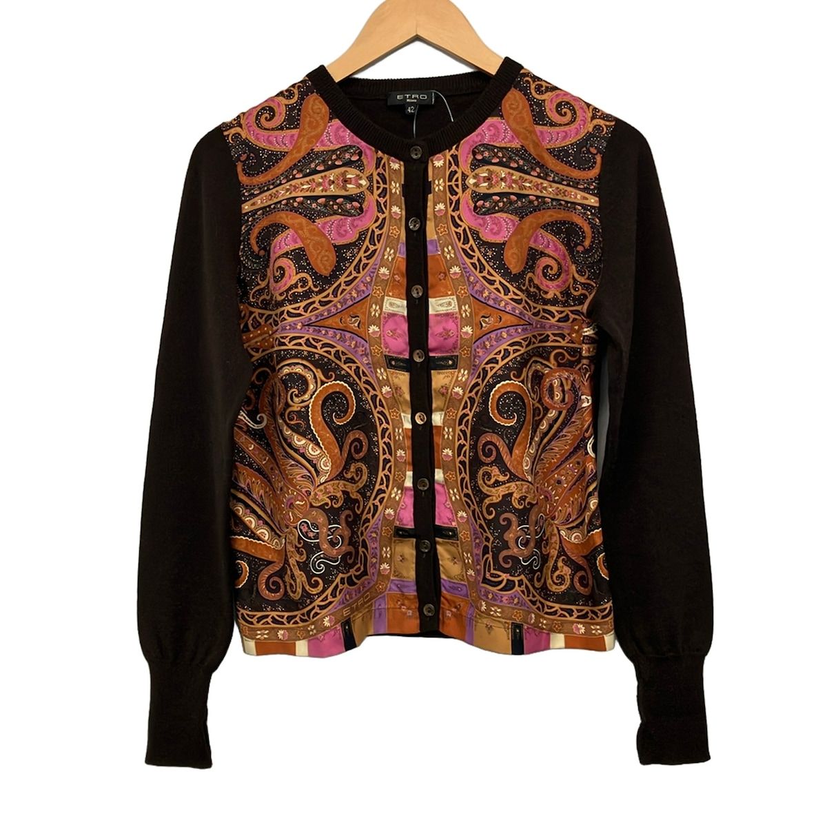 ETRO(エトロ) カーディガン サイズ42 M レディース - ダークブラウン×ブラウン×マルチ 長袖/ペイズリー柄/一部シルク 16,500円