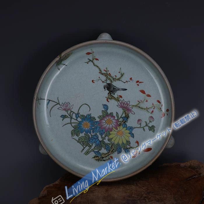 宋代汝窯天青釉加彩花鳥文三足洗 景徳鎮 陶磁器 装飾品 現代工芸品 美術品 置物 CZW728P968