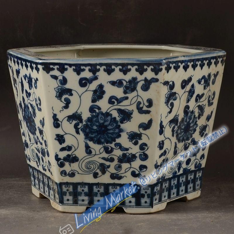 景徳鎮 青花纏枝紋六方植木鉢 陶磁器 盆栽鉢 工芸品 置物 CZW729P1079
