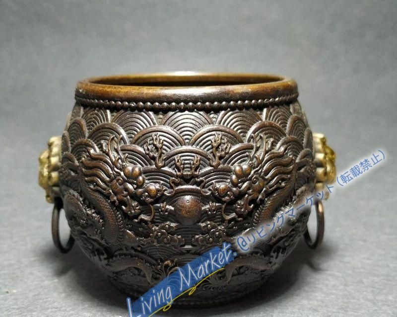 銅 細工 双龍戯珠銅壺 双獣頭香炉 筆洗 工芸品 置物 CZW729P1030