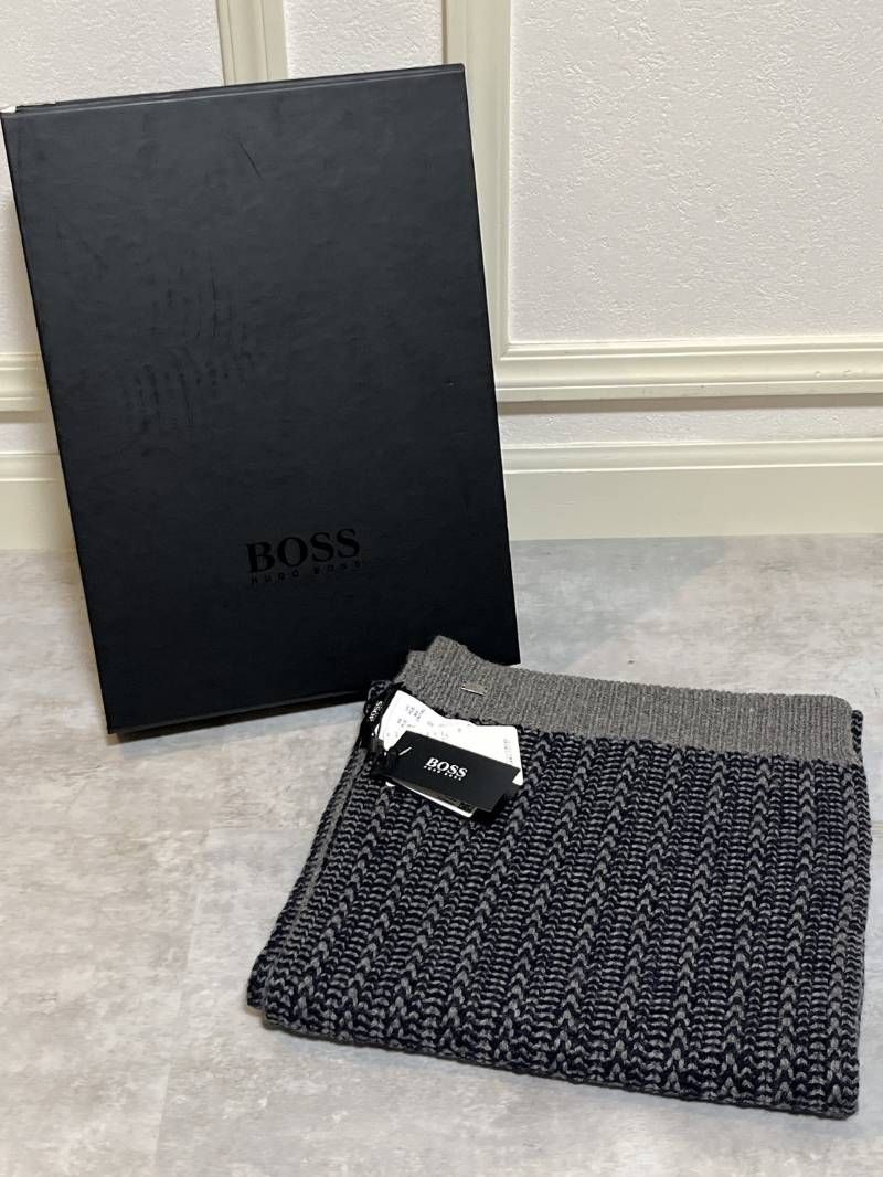 新品タグ付 HUGO BOSS Fermo ウールニットマフラー グレー×ブラック