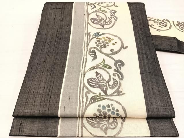 平和屋着物*夏物 絹芭蕉 九寸名古屋帯 型染め 葡萄蔦の葉文 黒地 正絹 逸品 BAAX7861hv
