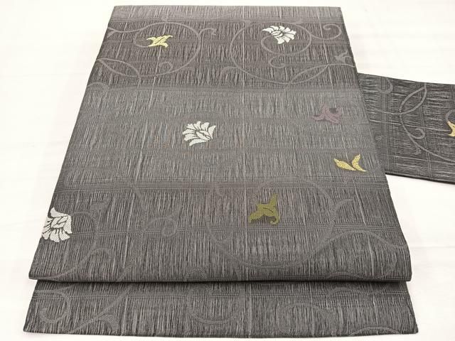 平和屋着物＊夏物　九寸名古屋帯　櫛織　花唐草文　金糸　正絹　逸品　BAAX7877hv