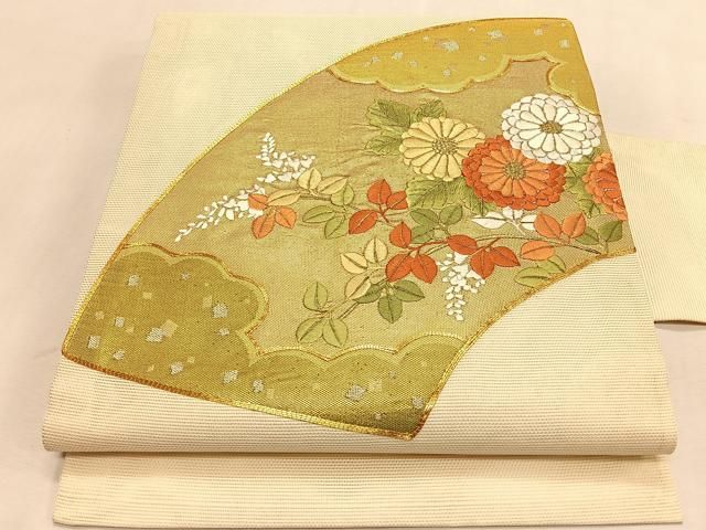 平和屋着物＊夏物　九寸名古屋帯　駒刺繍　地紙花文　金糸　正絹　逸品　CABK1329fb 13,000円
