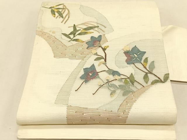 平和屋着物＊夏物　九寸名古屋帯　すくい織　地紙重ね枝花文　金糸　正絹　逸品　CABK1349fb 20,800円