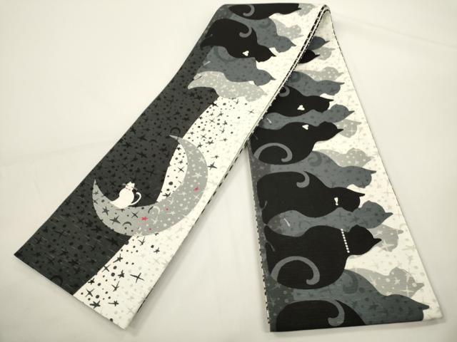 平和屋着物●両面　半幅帯　猫と月と星　さが美扱い　正絹　逸品　未使用　CABI5091ak 65,000円