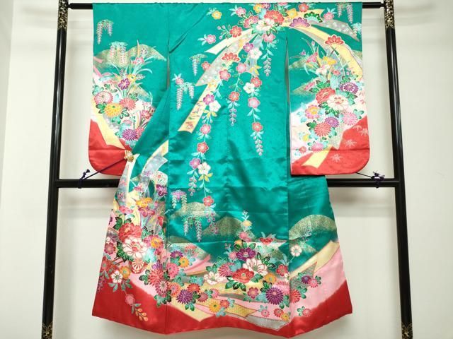 平和屋着物[]七五三　女の子　７歳　祝着　四つ身　束ね熨斗花松文　枝垂れ桜　金彩　DABH5208ea