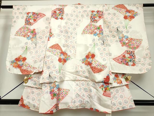 平和屋着物[]七五三　女の子　３歳　祝着　三つ身　扇面花文　亀甲繋ぎ　金彩　逸品　DABH5216ea