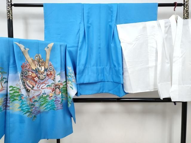 平和屋着物[]七五三　男の子　祝着・羽織・長襦袢(単衣)セット　勿忘草色　龍　兜　人物御所車松文　暈し染め　金銀彩　DABG3190ma
