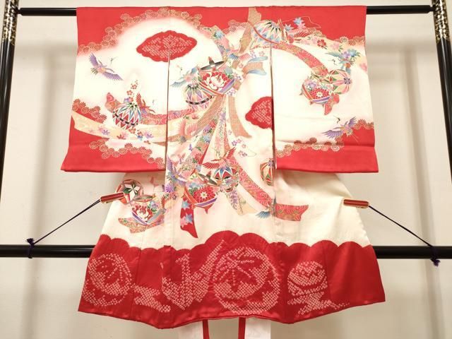 平和屋着物[]お宮参り　女の子　祝着　産着　初着　のしめ　絞り　束ね熨斗花鞠文　飛鶴　暈し染め　金銀彩　逸品　DABH5155ea
