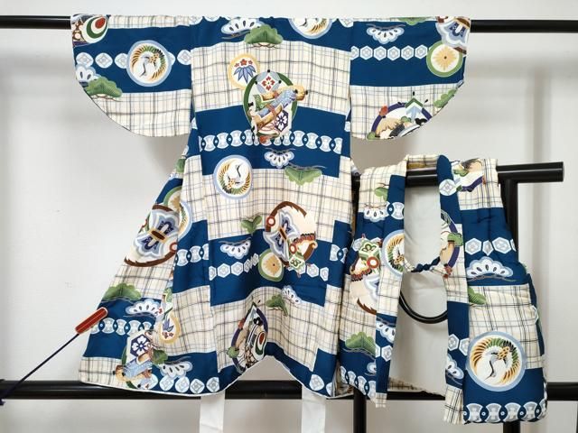 平和屋着物[]七五三　男の子　祝着・被布セット　飛鶴絵巻松丸文　金彩　逸品　DABG3166ma