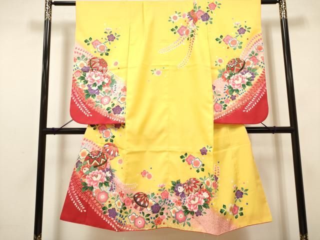 平和屋着物[]七五三　女の子　７歳　祝着　四つ身　花鞠文　暈し染め　金彩　未使用　DABH5122ea