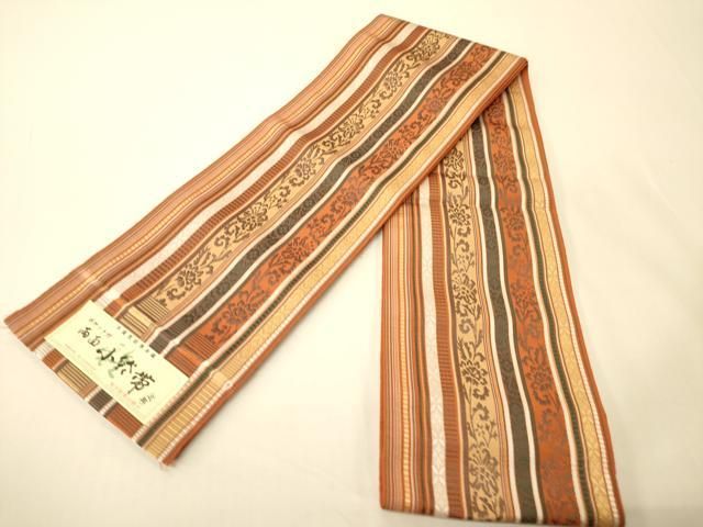 平和屋着物●本場筑前博多織　両面　半幅帯　草花間道　証紙付き　正絹　逸品　未使用　CABI5034ak
