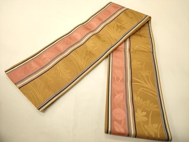 平和屋着物●本場筑前博多織　半幅帯　大倉織工場謹製　草花間道　証紙付き　正絹　逸品　未使用　CABI5063ak 31,200円