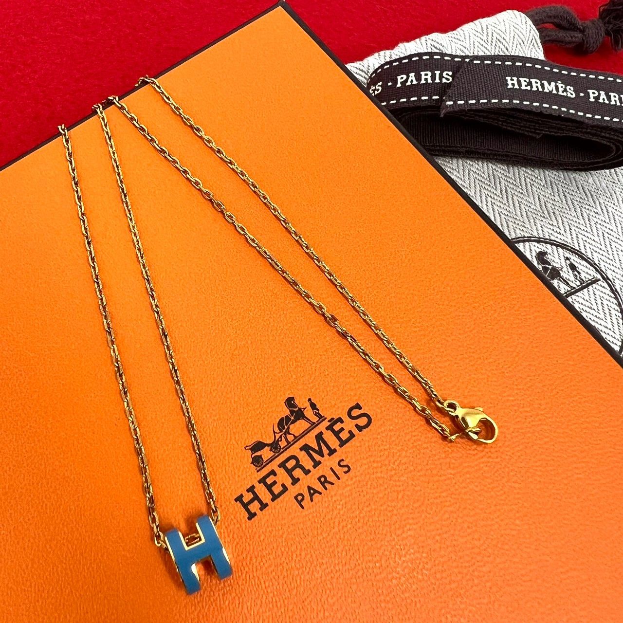 ほぼ未使用 保存箱 袋付 HERMES エルメス ミニ ポップアッシュ ネックレス GP ラッカー ペンダント チョーカー ゴールド ブルー 65140