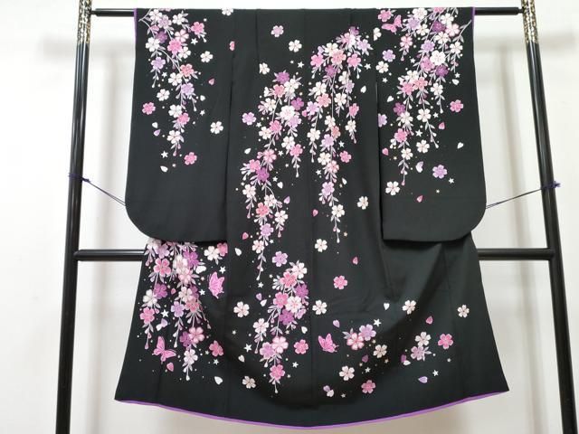 平和屋着物[]七五三　女の子　７歳　祝着　四つ身　舞蝶枝垂れ桜文　黒地　金銀彩　洗える着物　DABG3070ma 17,316円