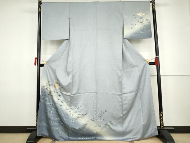 平和屋着物●訪問着　駒刺繍　流水飾花枝葉文　暈し染め　金銀彩　正絹　逸品　AABJ9883cs