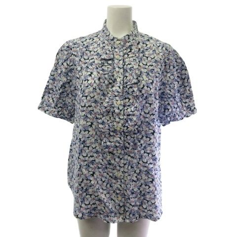 ローレンラルフローレン LAUREN RALPH LAUREN リネン シャツ ブラウス 花柄 フリル 半袖 バンドカラー パープル 紫 M