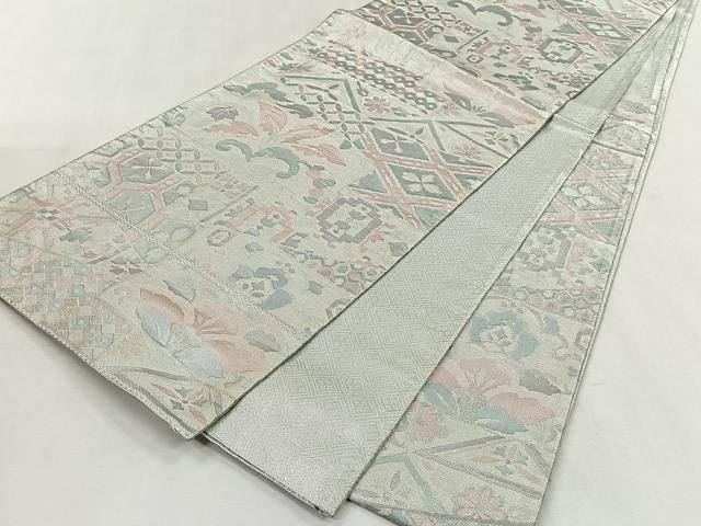 平和屋着物◎佐賀錦 六通柄袋帯 吉祥花文 銀糸 正絹 逸品 CABK2806yk