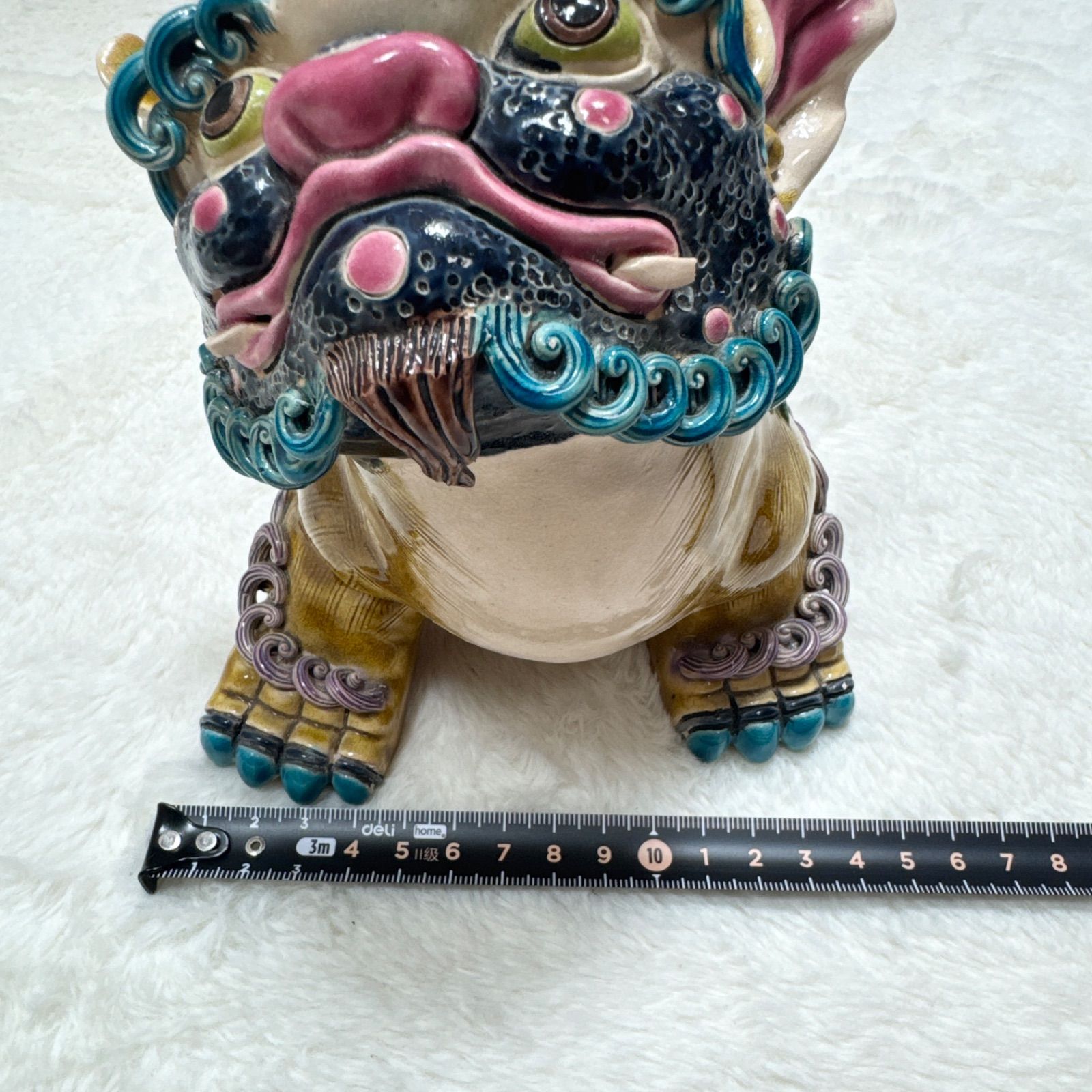 唐獅子 狛犬 ターコイズブルー 陶器 置物 一対 中国美術 縁起物 SHIWAN 石湾窯】訳あり 中国美術 陶光 陳義連 作 智匠 狛犬 獅子