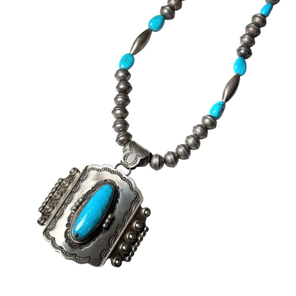 vintage Navajo Running Bear Studio silver turquoise pendant & beads necklace