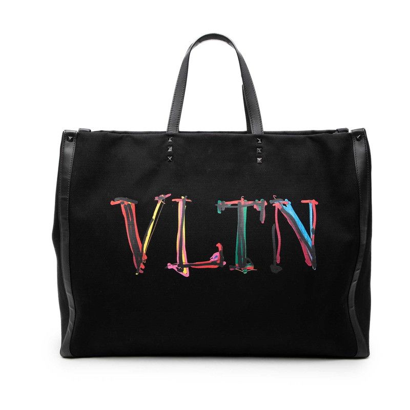 ヴァレンチノ ロックスタッズ VLTNロゴ ラージ トートバッグ 肩掛け ブラック キャンバス レザー レディース Valentino【1-0278386】