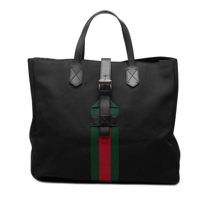 グッチ シェリーライン トートバッグ ブラック キャンバス レザー レディース GUCCI【1-0279626】