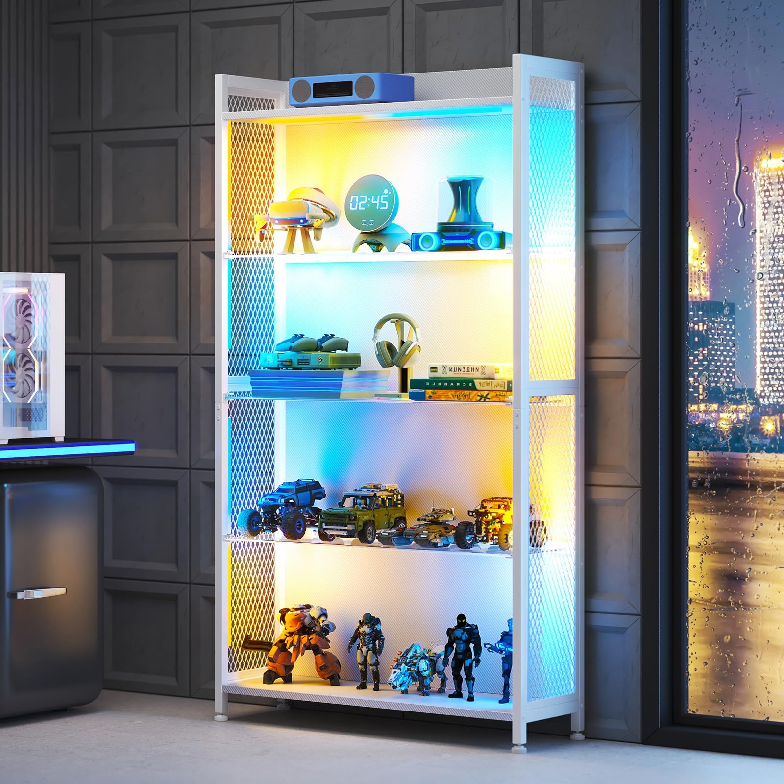 msAODK 収納棚 フィギュア棚 コレクション棚 ショーケース 大型 幅70×奥行28×高さ160cm ガラス製 5段 LEDライト付き 7色変化 本棚 ディスプレイケース オープンラック(ホワイト)