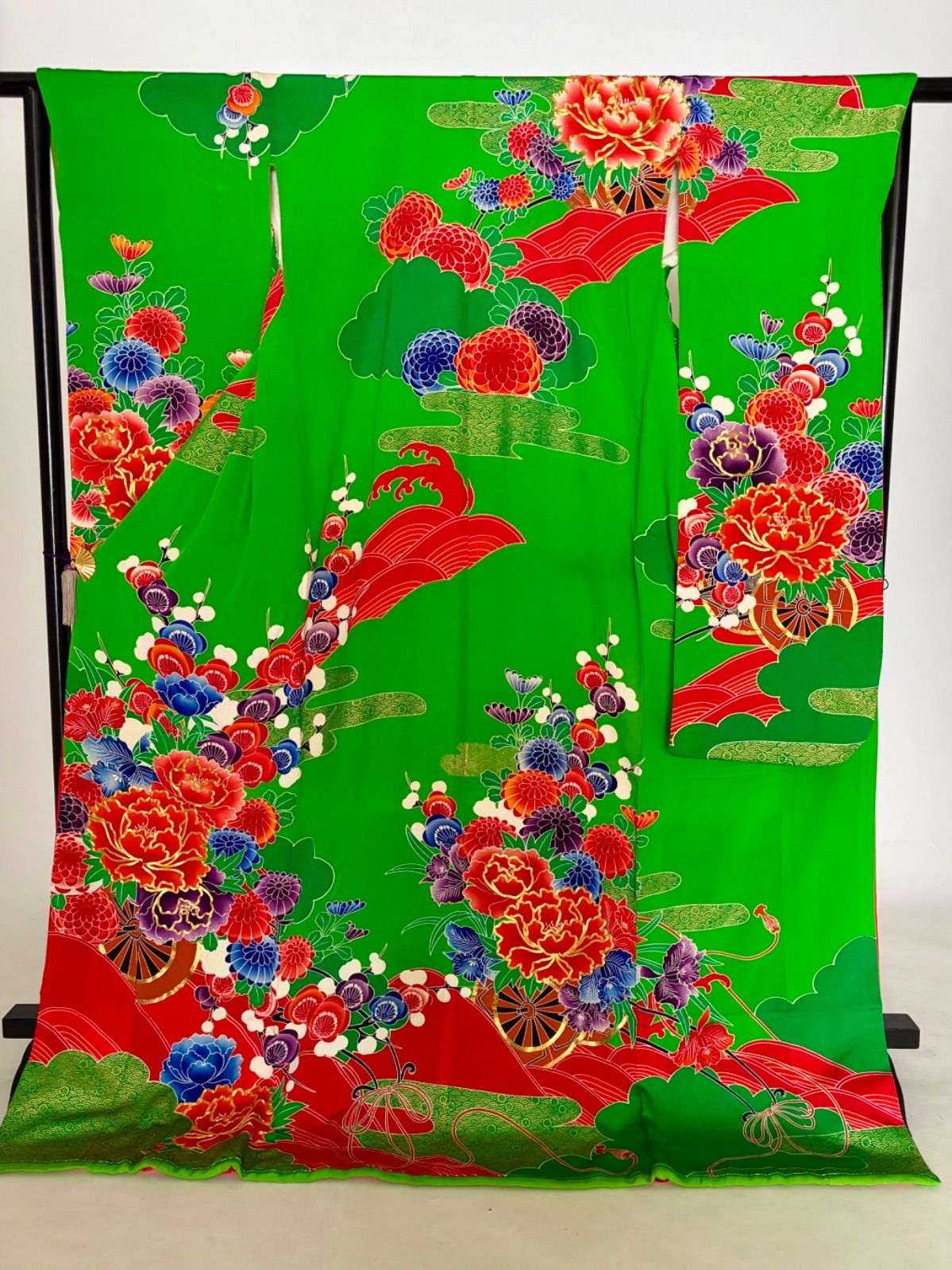 緑に赤花車　正絹　引振袖　花嫁