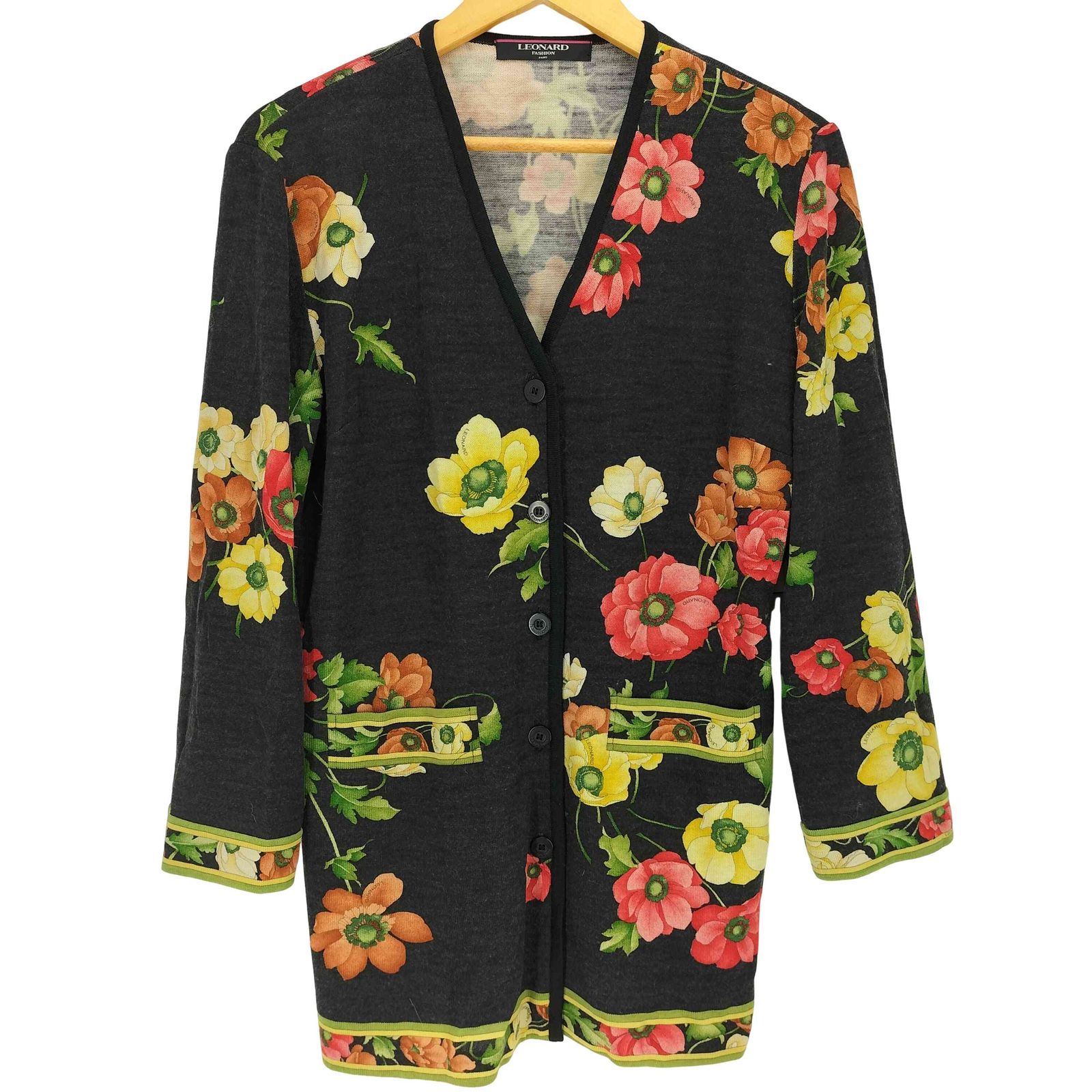 LEONARD レオナール カーディガン 長袖 花柄 ウール シルク M レオナール LEONARD ウールシルク 花柄 ニットカーディガン レディース