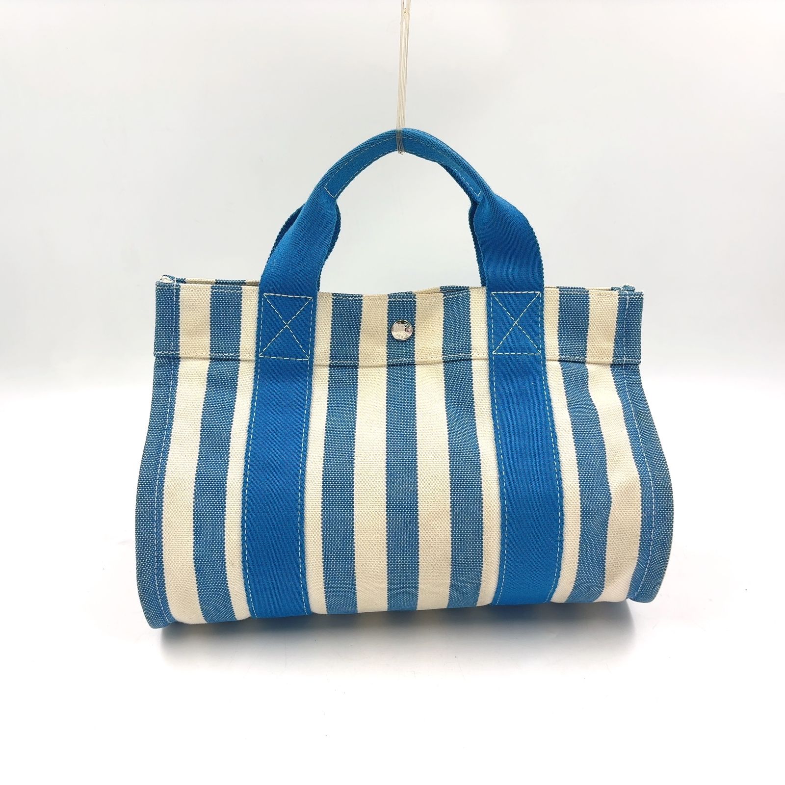 【新着】HERMES カンヌPM キャンバス ブルー、ホワイト ハンドバッグ シルバー