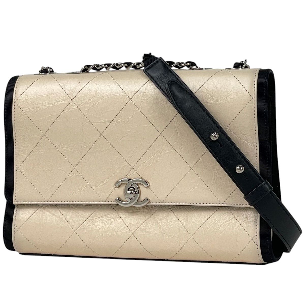 シャネル CHANEL ショルダーバッグ ココマーク マトラッセ Wチェーン バイカラー レザー ベージュ ブラック レディース 【中古】