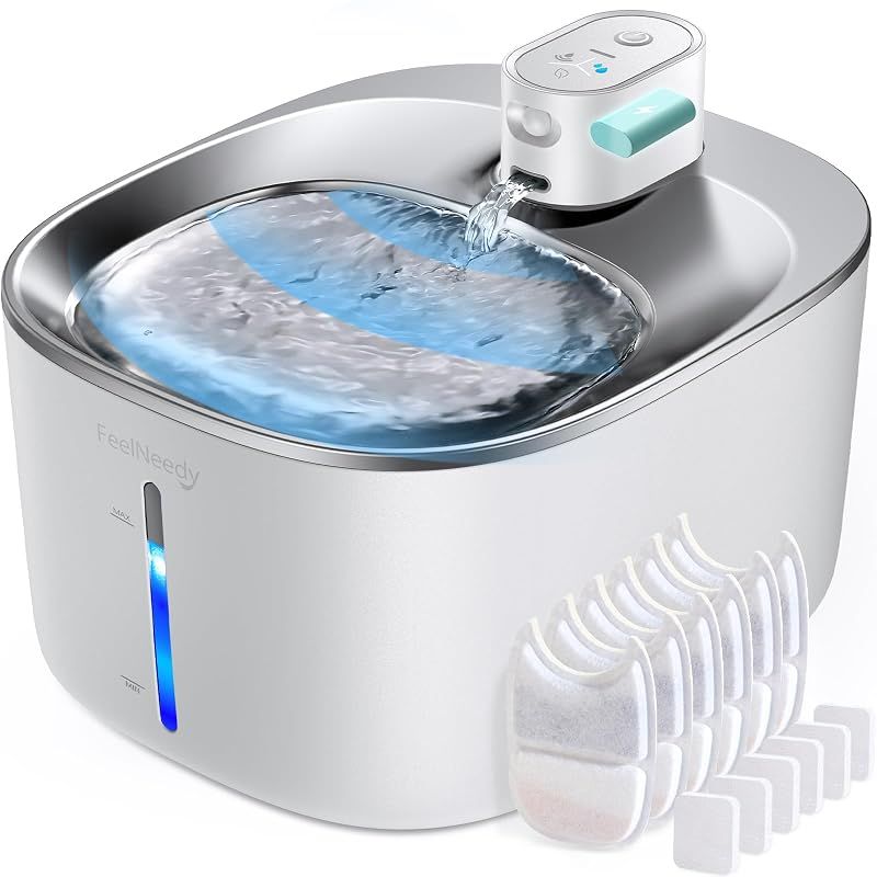 【新品】 FEELNEEDY 猫 給水器 コードレス 充電式 4L 活性炭フィルター6枚付 スマートペット用循環式自動給水器 センサー 動作検知 3つの給水モード 5重濾過 ワイヤレスポンプ ステンレス製 犬 猫 水飲み器 大容量 静音 LEDライト付き 1