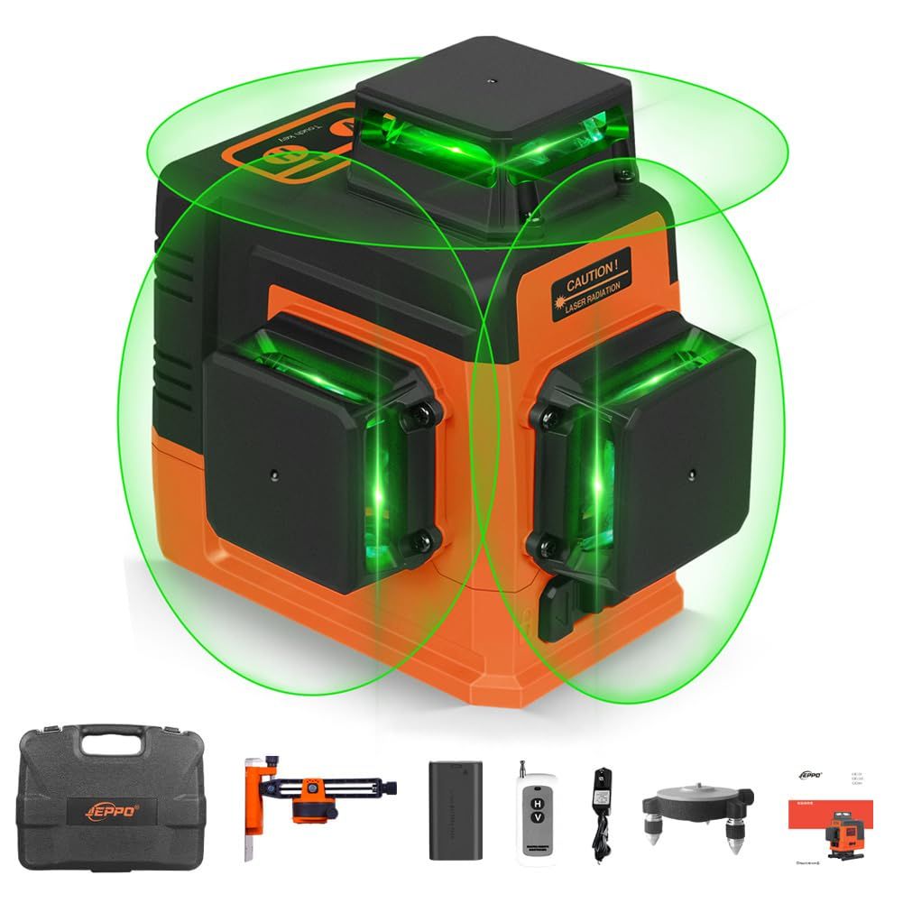 JEPPO レーザー墨出し器グリーンフルライン、3x360°墨出しレーザー自動補正、3D 12ラインオートレーザーレベルは壁掛け可能です、建築、天井、絵の吊り下げに適しています、リモコン、5000mAh充電式リチウム電池、マルチ機能360°マグネットスタンｍａ