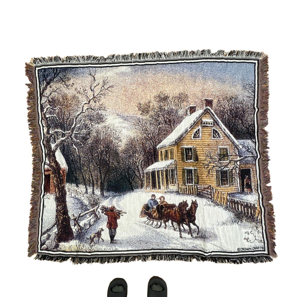 vintageラグ ブランケット マルチカバー タペストリー USA製 クリスマス 馬ソリ 風景 Rug Blanket Christmas 4165