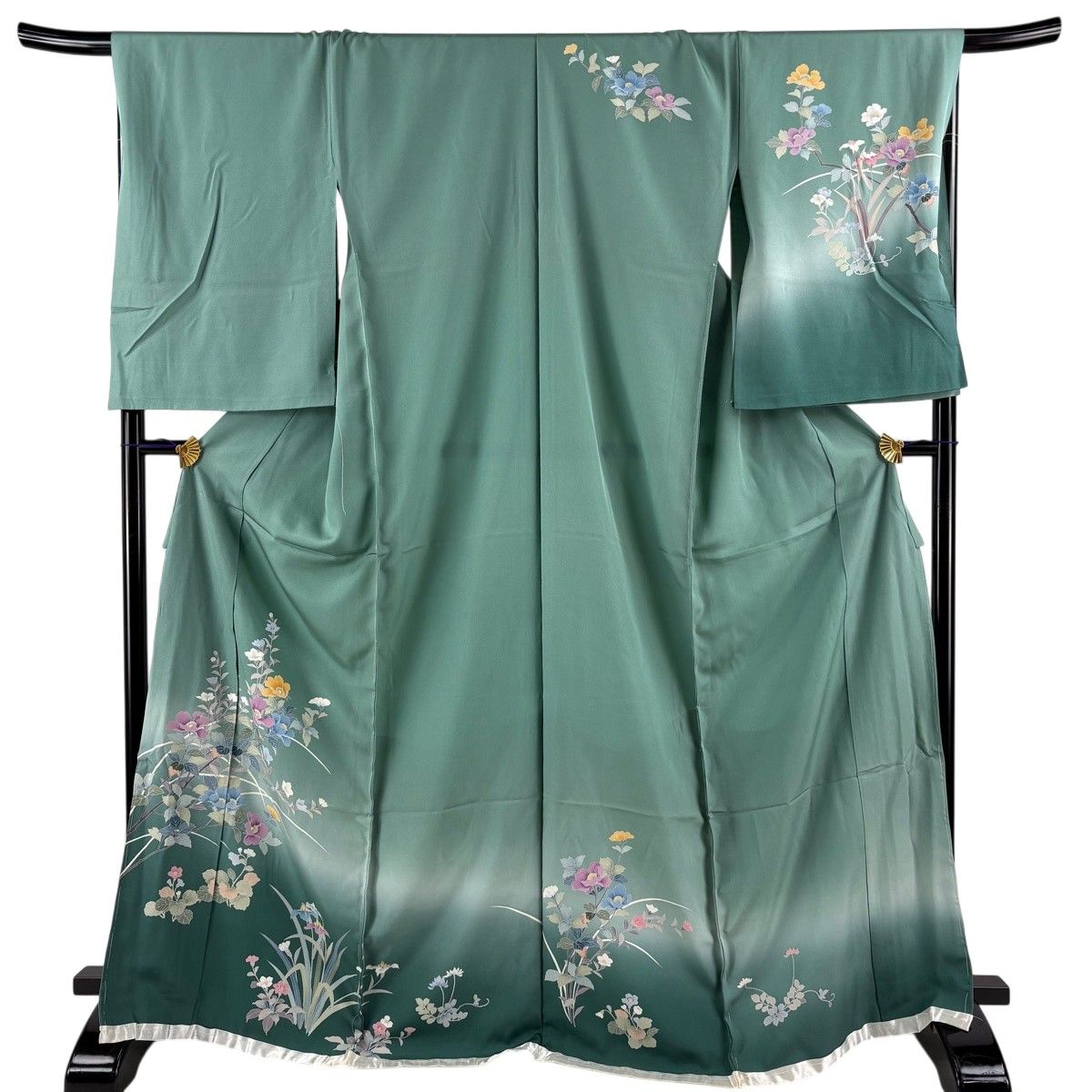 訪問着 身丈173cm 裄丈69.5cm 未仕立て 仮絵羽 枝花 草花 染め分け ぼかし 緑 正絹 秀品 【中古】